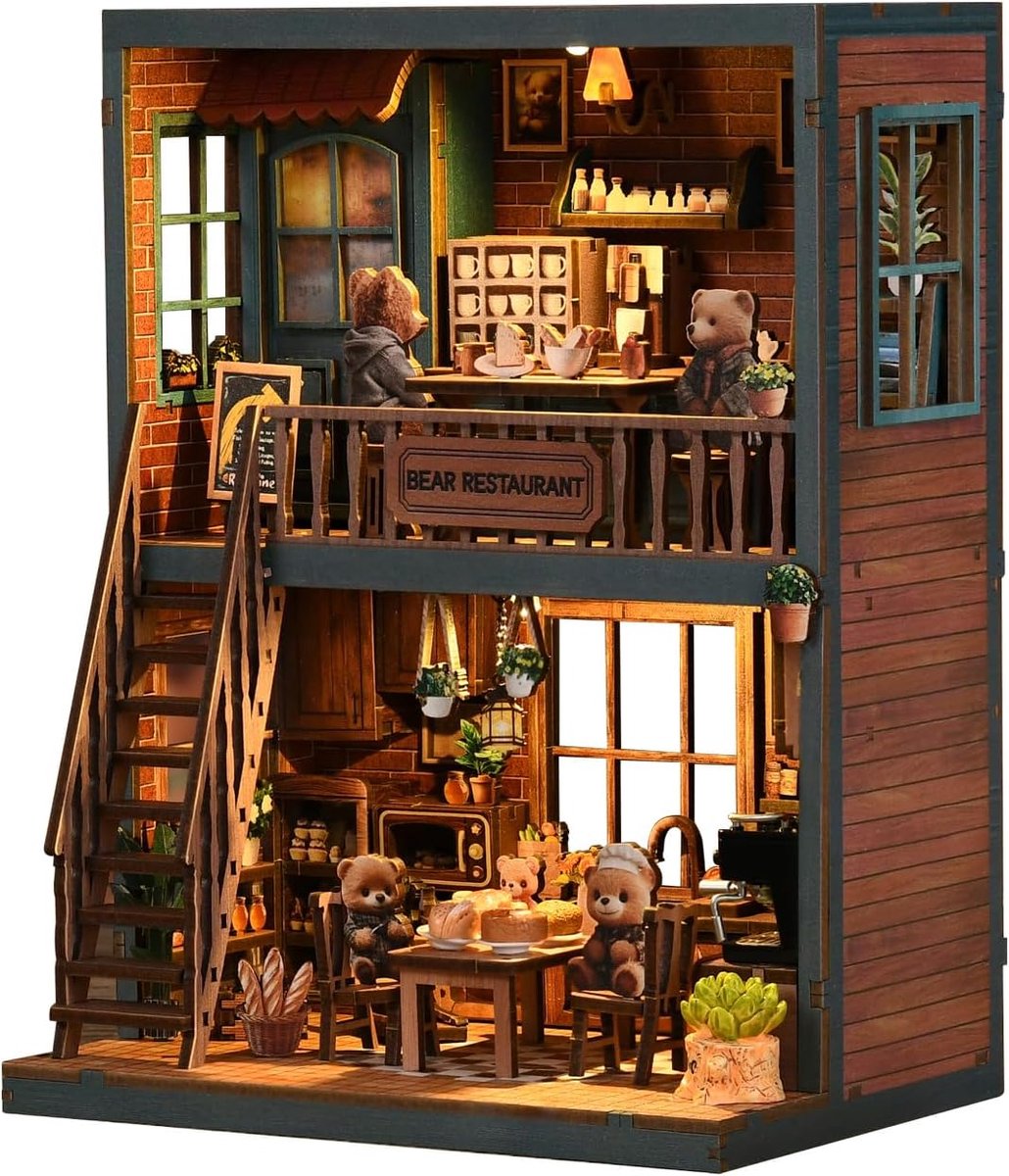 DIY Miniature House Building Kit, 3D Wooden Bear Restaurant with Reading Corner and LED, Small Dollhouse Model - ShopVlot