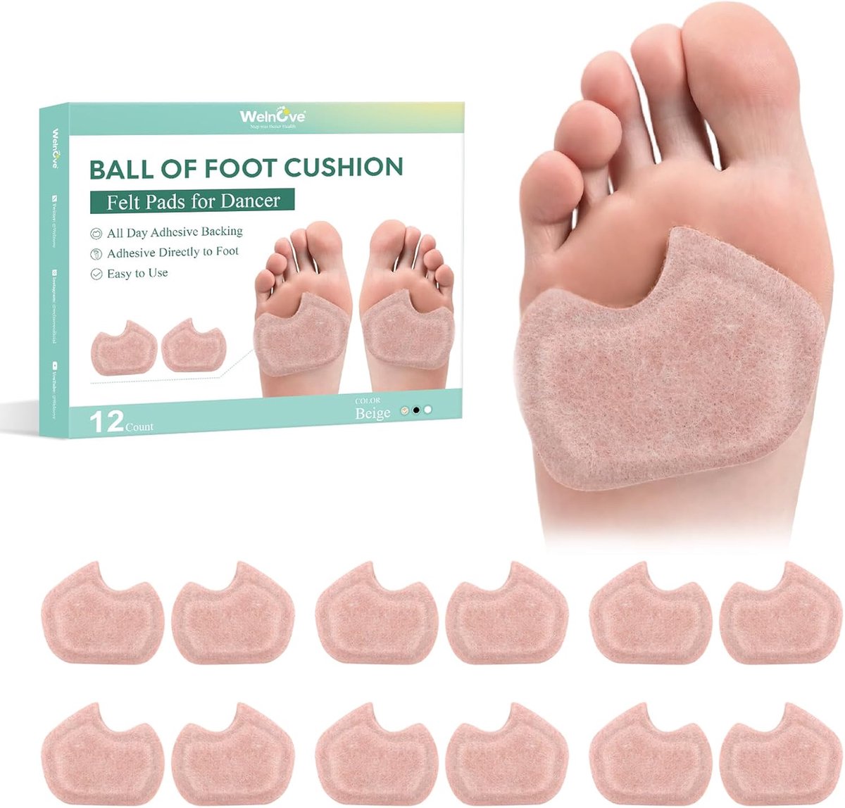 Forefoot Pads for Men and Women - Welnove 6 Pairs Felt Metatarsal Pillows for Dancers, Forefoot Support - ShopVlot