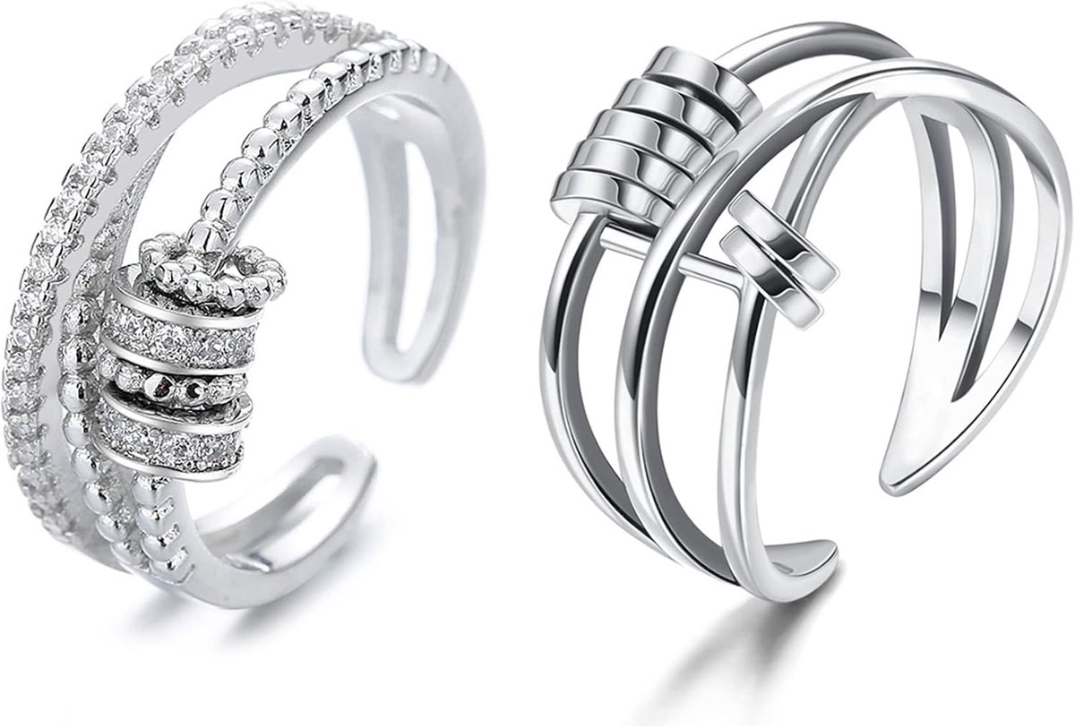 2pcs open rings for men and women, swing relaxation, adjustable, stainless steel, silver, 52 (16.6) to 62 (19.7) - ShopVlot