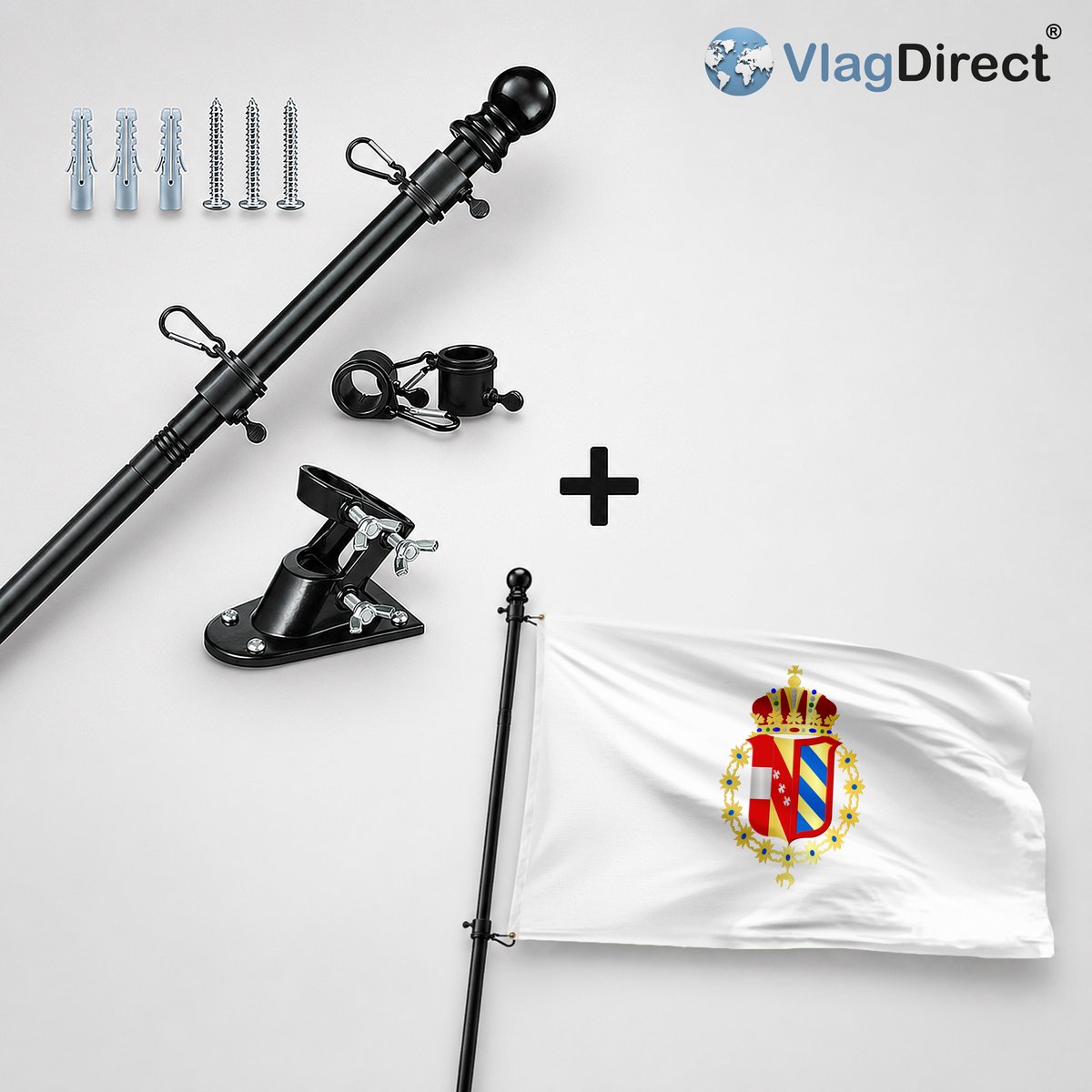 VlagDirect - Compleet vlaggenpakket - Zwarte vlaggenstok inclusief vlaggenstokhouder + Gemeente Florenville vlag - 90 x 150 cm.