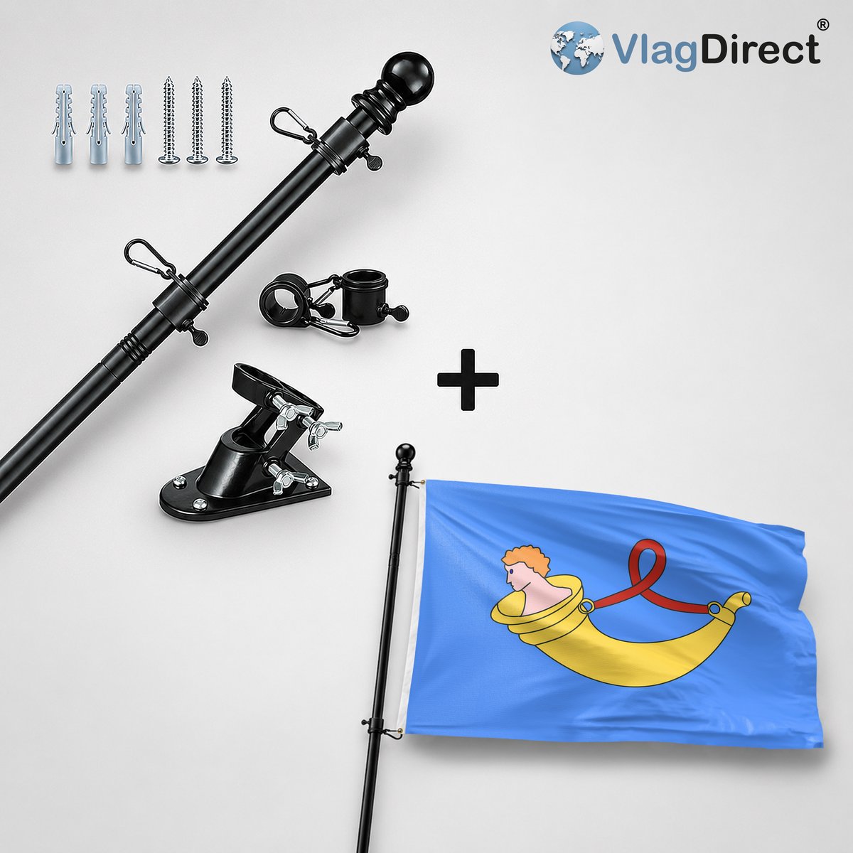 VlagDirect - Compleet vlaggenpakket - Zwarte vlaggenstok inclusief vlaggenstokhouder + Uithoorn vlag - Gemeente Uithoorn vlag - 90 x 150 cm.