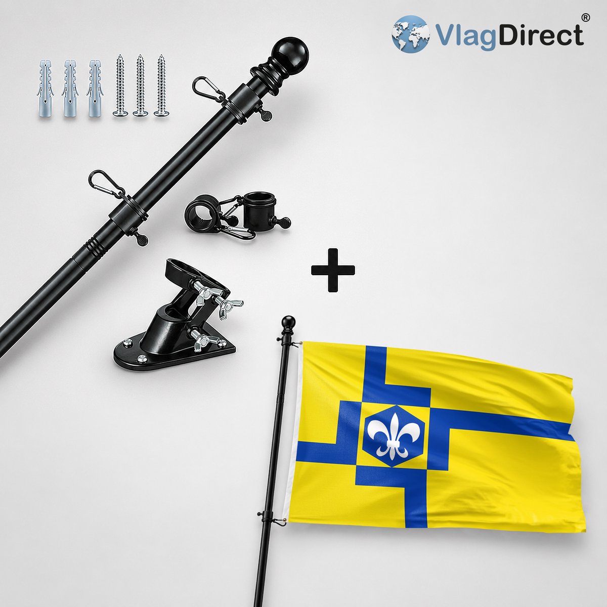 VlagDirect - Compleet vlaggenpakket - Zwarte vlaggenstok inclusief vlaggenstokhouder + Lelystad vlag - Gemeente Lelystad vlag - 90 x 150 cm.
