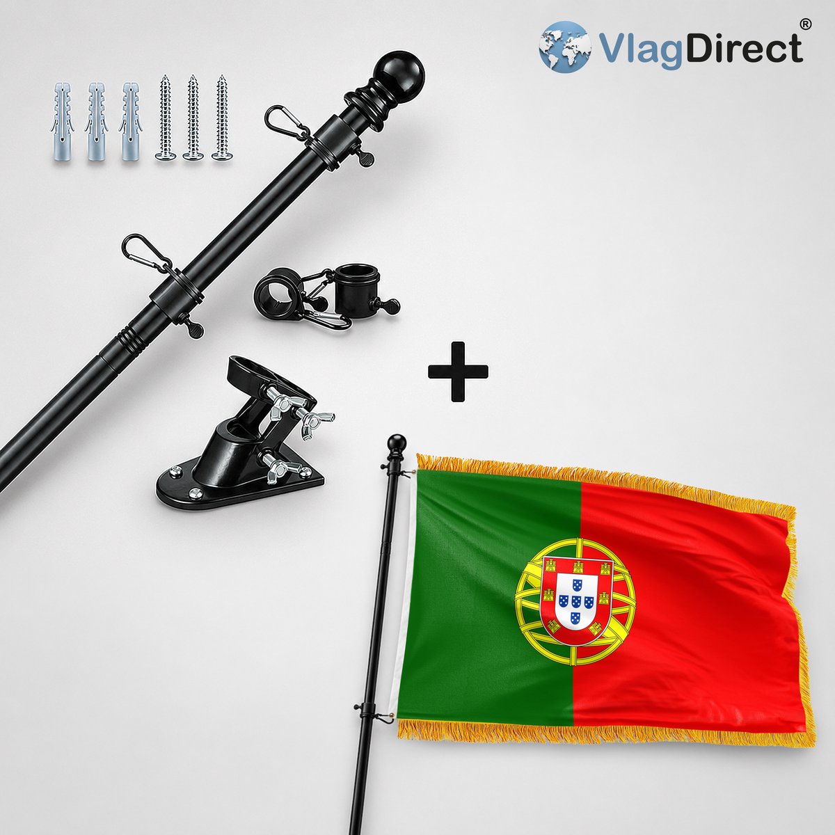 VlagDirect - Compleet vlaggenpakket - Zwarte vlaggenstok inclusief vlaggenstokhouder + Portugese vlag - Portugal vlag - 90 x 150 cm.