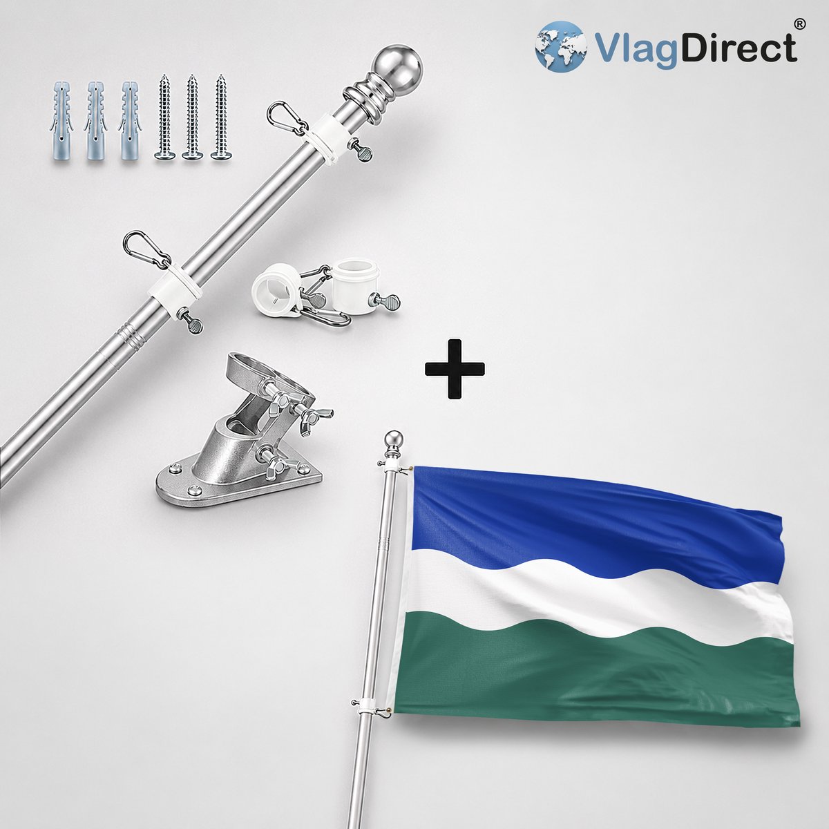 VlagDirect - Compleet vlaggenpakket - Zilveren vlaggenstok inclusief vlaggenstokhouder + Nederweert vlag - Gemeente Nederweert vlag - 90 x 150 cm.
