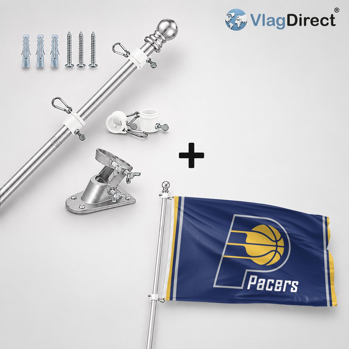 VlagDirect - Compleet vlaggenpakket - Zilveren vlaggenstok inclusief vlaggenstokhouder + Indiana Pacers vlag - Indiana Pacers basketbalteam vlag - 90 x 150 cm.