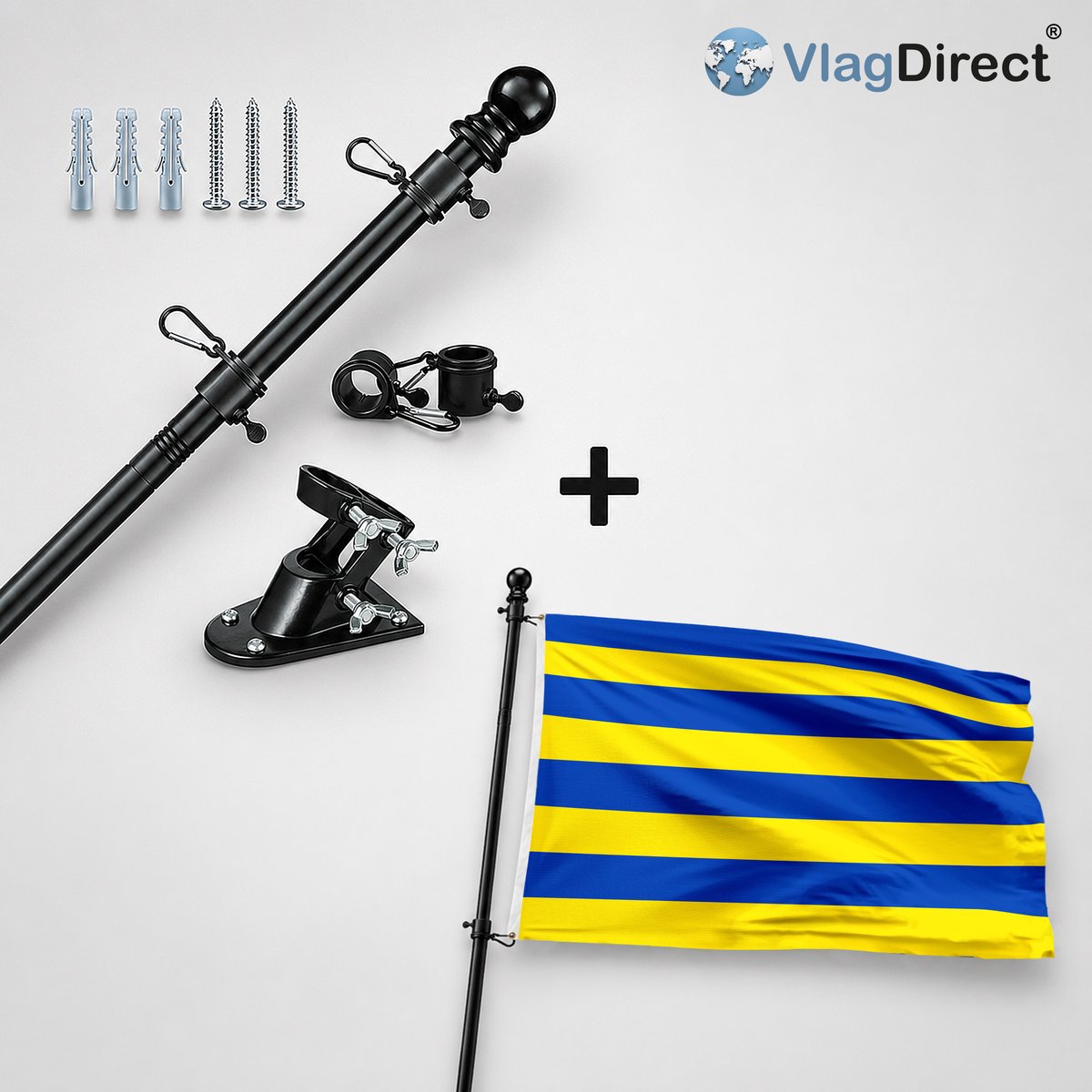 VlagDirect - Compleet vlaggenpakket - Zwarte vlaggenstok inclusief vlaggenstokhouder + Wellense vlag - Gemeente Wellen vlag - 90 x 150 cm.