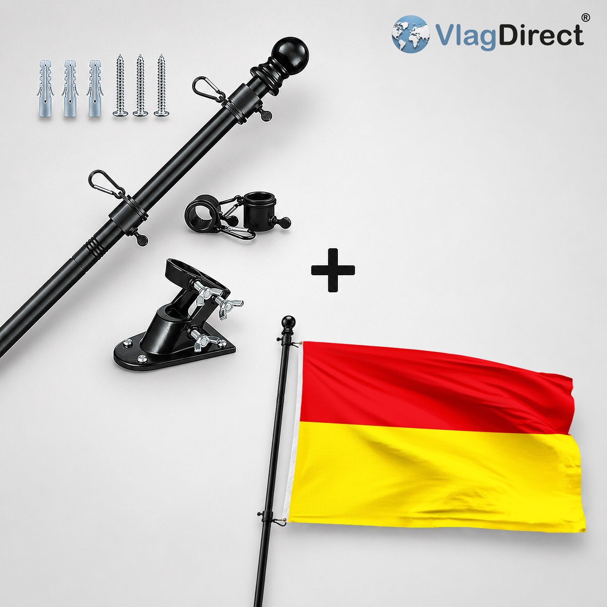 VlagDirect - Compleet vlaggenpakket - Zwarte vlaggenstok inclusief vlaggenstokhouder + Oostendse vlag - Gemeente Oostende vlag - 90 x 150 cm.