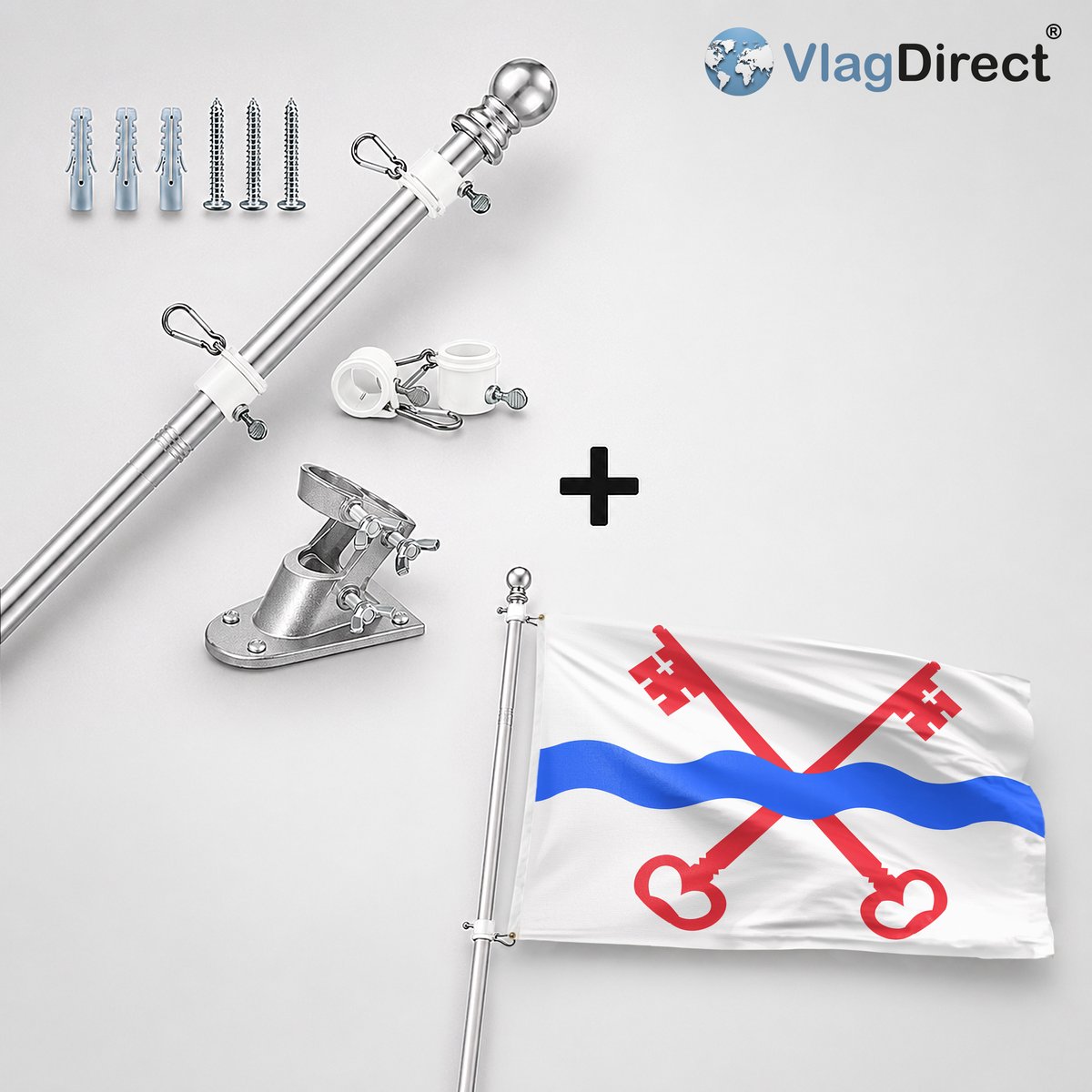 VlagDirect - Compleet vlaggenpakket - Zilveren vlaggenstok inclusief vlaggenstokhouder + Leiderdorp vlag - Gemeente Leiderdorp vlag - 90 x 150 cm.