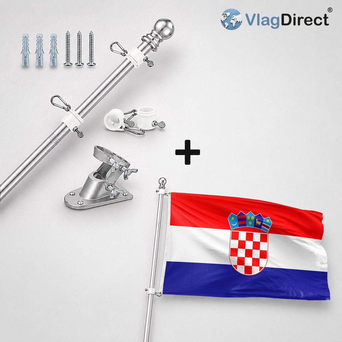 VlagDirect - Compleet vlaggenpakket - Zilveren vlaggenstok inclusief vlaggenstokhouder + Kroatische vlag - Kroatië vlag - 90 x 150 cm.