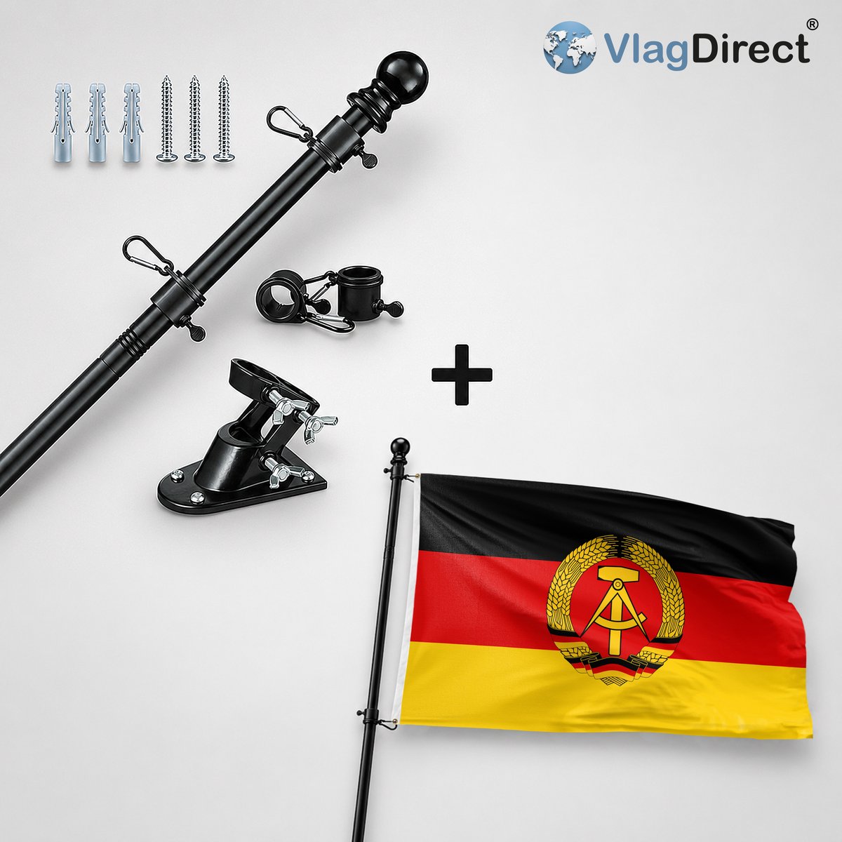 VlagDirect - Compleet vlaggenpakket - Zwarte vlaggenstok inclusief vlaggenstokhouder + Duitse Democratische Republiek vlag - DDR vlag - 90 x 150 cm.