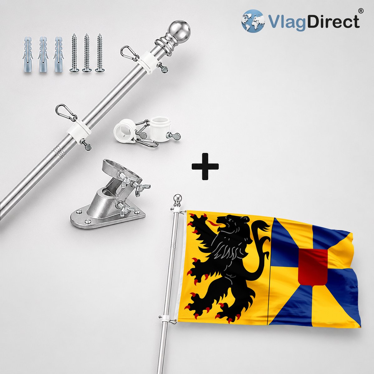 VlagDirect - Compleet vlaggenpakket - Zilveren vlaggenstok inclusief vlaggenstokhouder + Kortemarkse vlag - Gemeente Kortemark vlag - 90 x 150 cm.