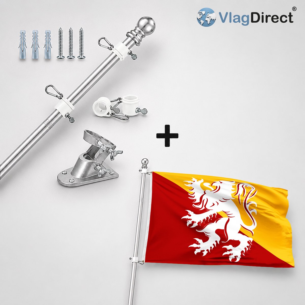VlagDirect - Compleet vlaggenpakket - Zilveren vlaggenstok inclusief vlaggenstokhouder + Lanakense vlag - Gemeente Lanaken vlag - 90 x 150 cm.