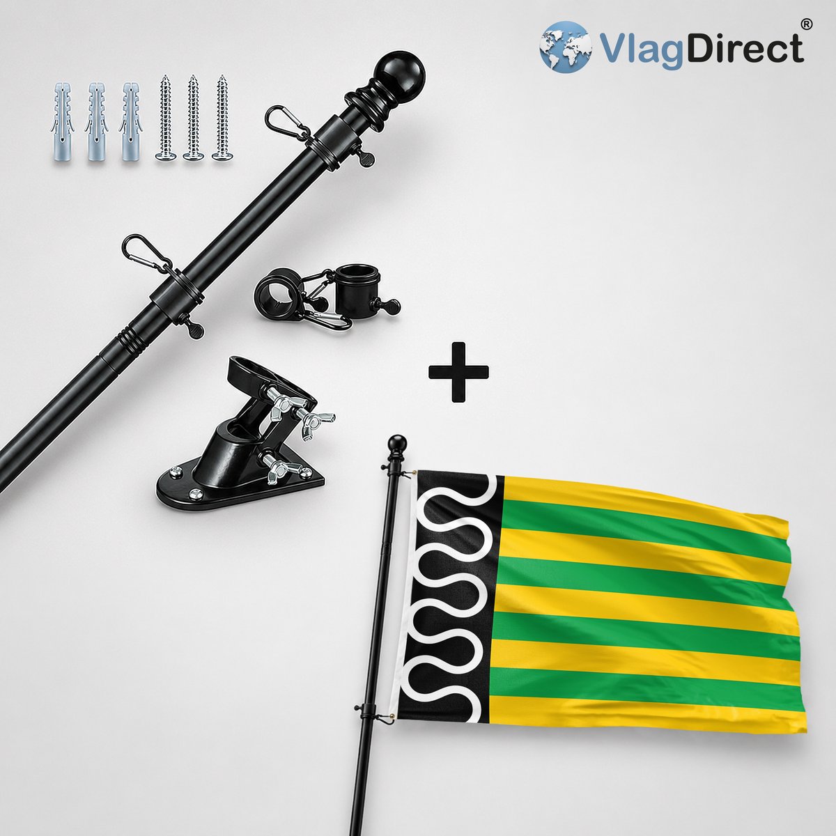 VlagDirect - Compleet vlaggenpakket - Zwarte vlaggenstok inclusief vlaggenstokhouder + De Wolden vlag - Gemeente De Wolden vlag - 90 x 150 cm.