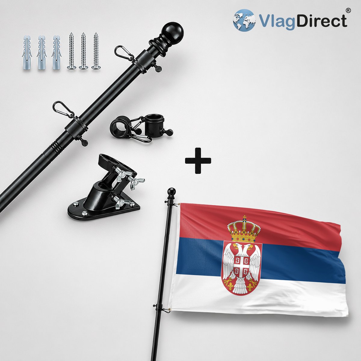 VlagDirect - Compleet vlaggenpakket - Zwarte vlaggenstok inclusief vlaggenstokhouder + Servische vlag - Servië vlag - 90 x 150 cm.