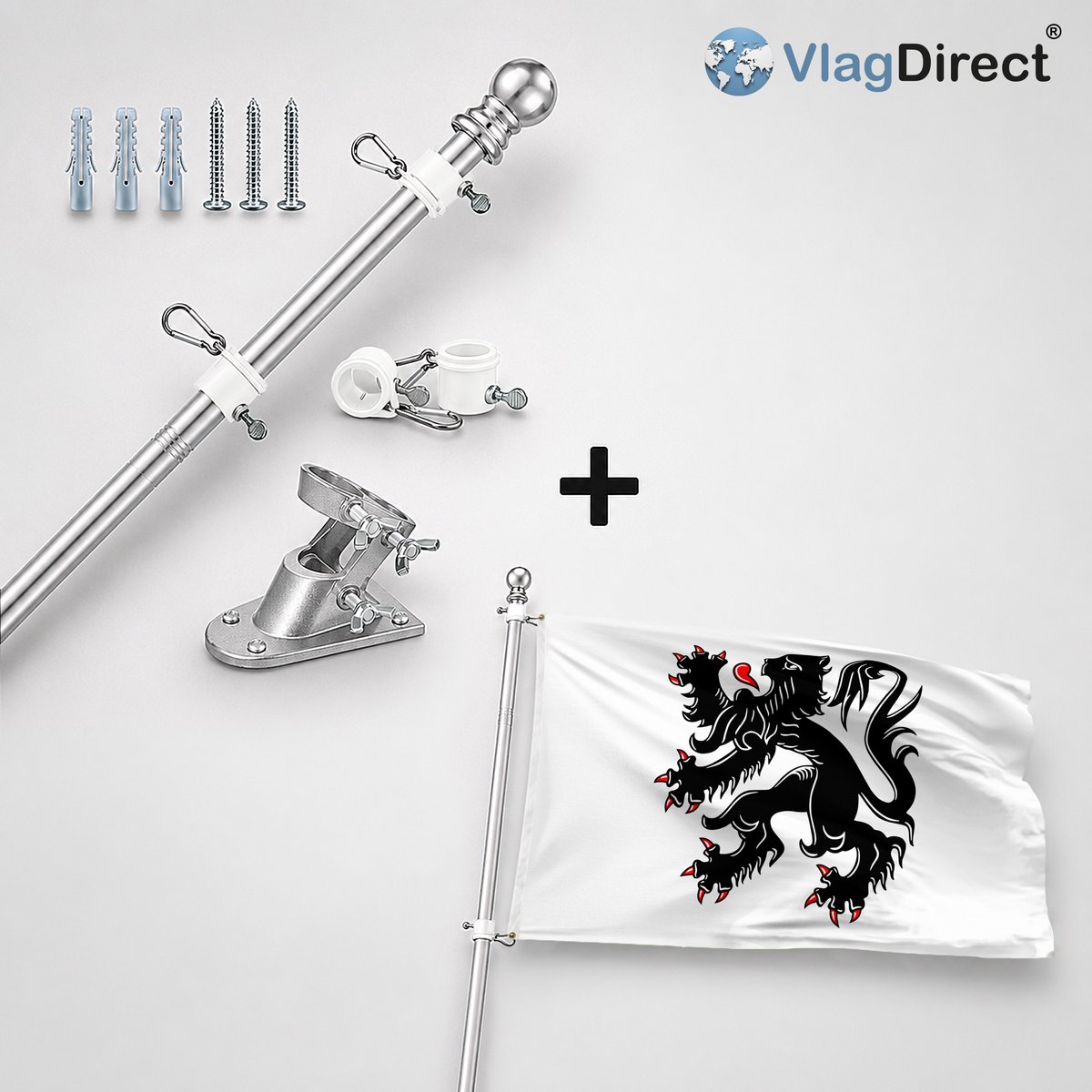 VlagDirect - Compleet vlaggenpakket - Zilveren vlaggenstok inclusief vlaggenstokhouder + Edegemse vlag - Gemeente Edegem vlag - 90 x 150 cm.