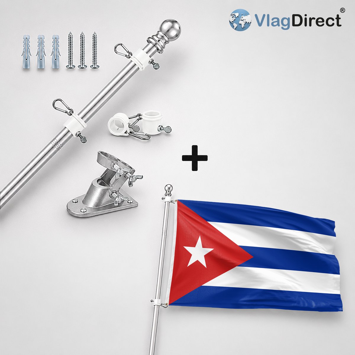 VlagDirect - Compleet vlaggenpakket - Zilveren vlaggenstok inclusief vlaggenstokhouder + Cubaanse vlag - Cuba vlag - 90 x 150 cm.