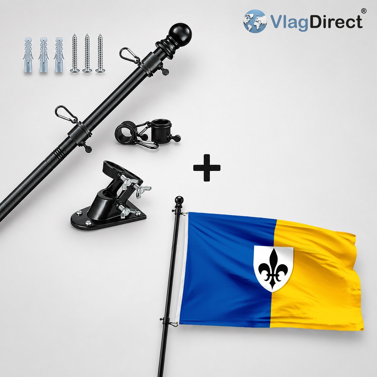 VlagDirect - Compleet vlaggenpakket - Zwarte vlaggenstok inclusief vlaggenstokhouder + Begijnendijkse vlag - Gemeente Begijnendijk vlag - 90 x 150 cm.