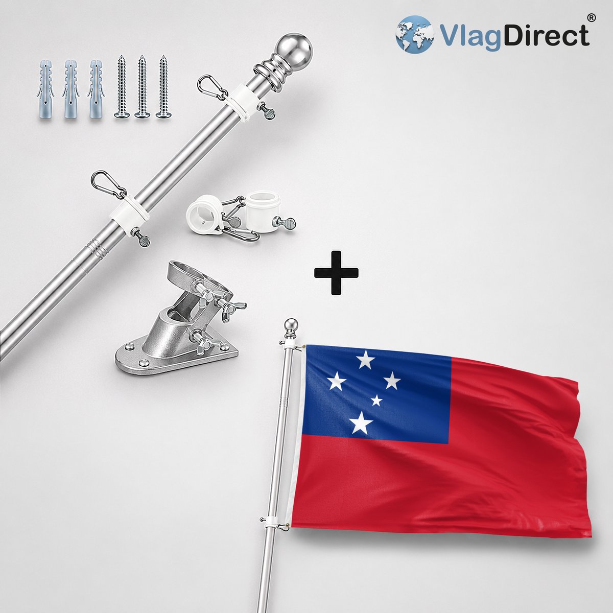VlagDirect - Compleet vlaggenpakket - Zilveren vlaggenstok inclusief vlaggenstokhouder + Samoaanse vlag - Samoa vlag - 90 x 150 cm