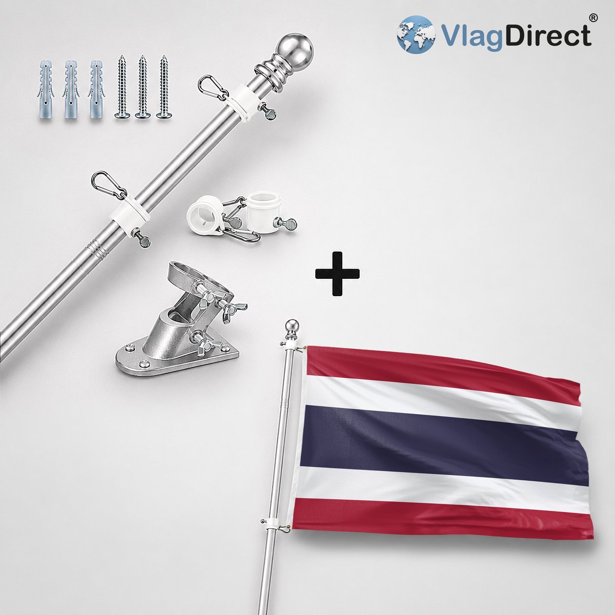 VlagDirect - Compleet vlaggenpakket - Zilveren vlaggenstok inclusief vlaggenstokhouder + Thailandse vlag - Thailand vlag - 90 x 150 cm.