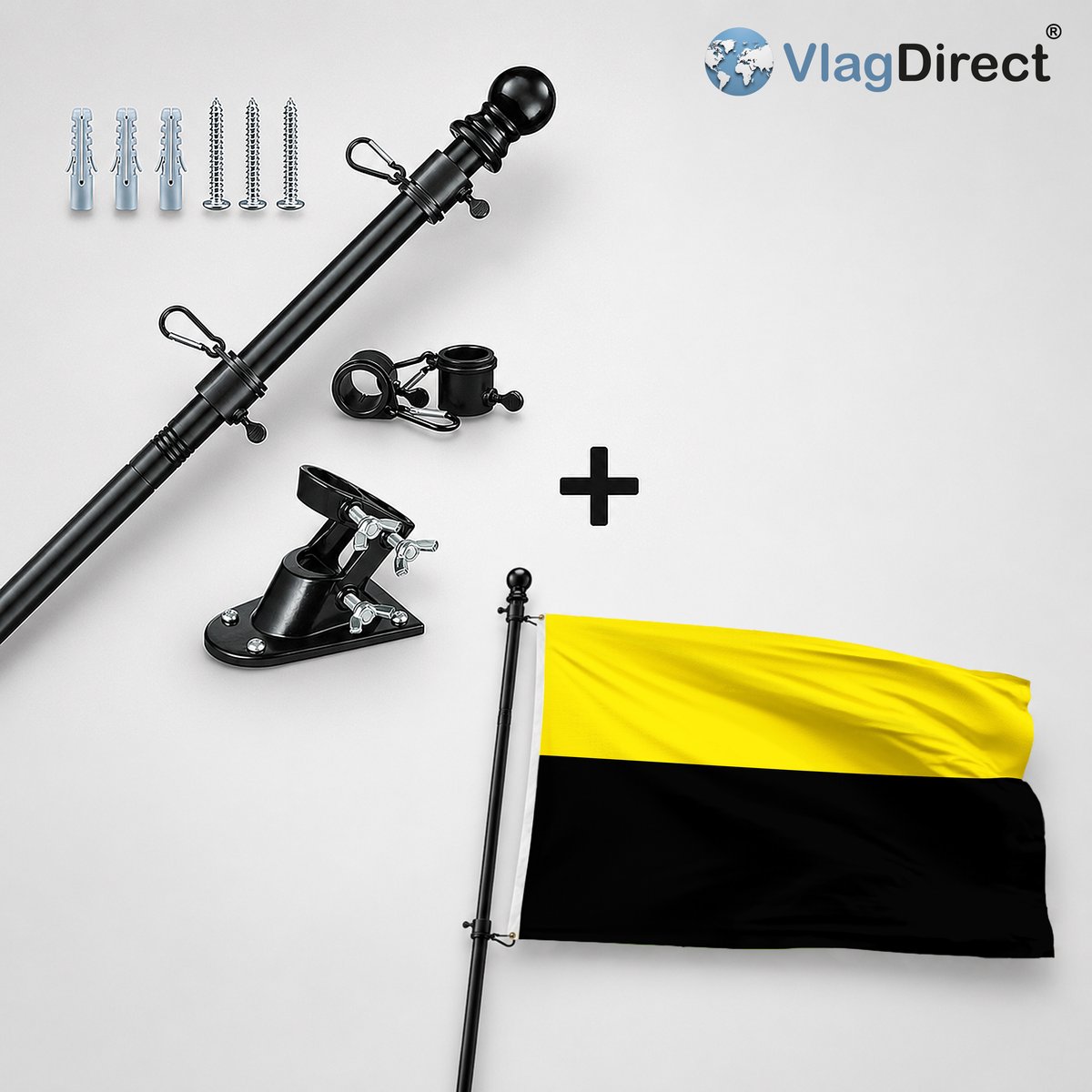 VlagDirect - Compleet vlaggenpakket - Zwarte vlaggenstok inclusief vlaggenstokhouder + Gemeente Andenne vlag - 90 x 150 cm.