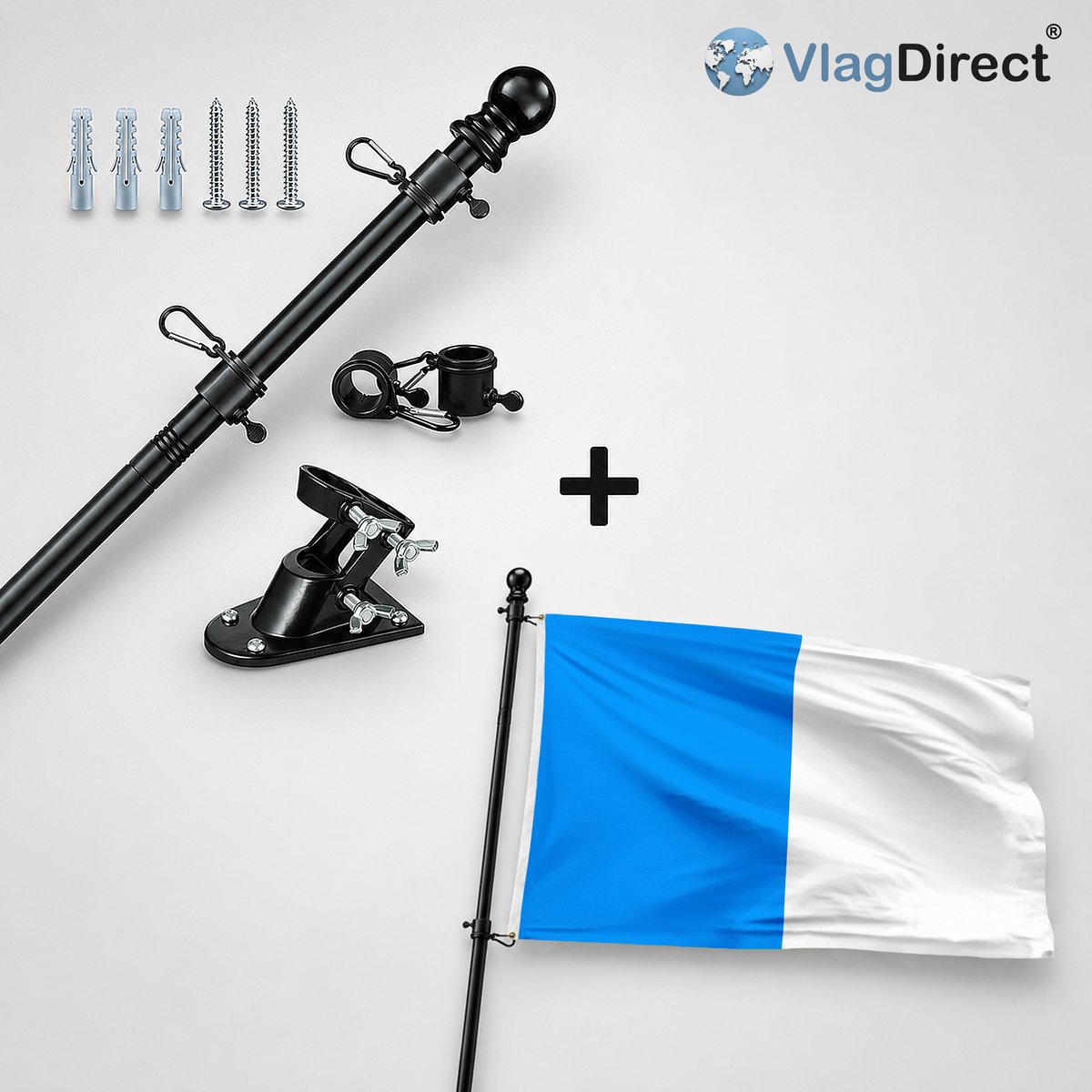 VlagDirect - Compleet vlaggenpakket - Zwarte vlaggenstok inclusief vlaggenstokhouder + Dinantse vlag - Gemeente Dinant vlag - 90 x 150 cm.