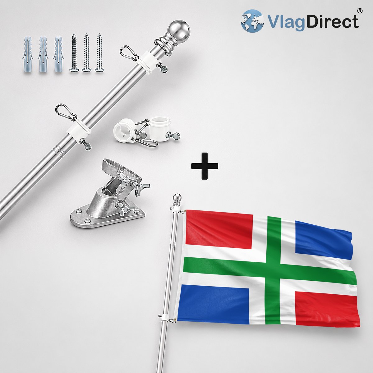 VlagDirect - Compleet vlaggenpakket - Zilveren vlaggenstok inclusief vlaggenstokhouder + Groningse vlag - Groningen vlag - 90 x 150 cm