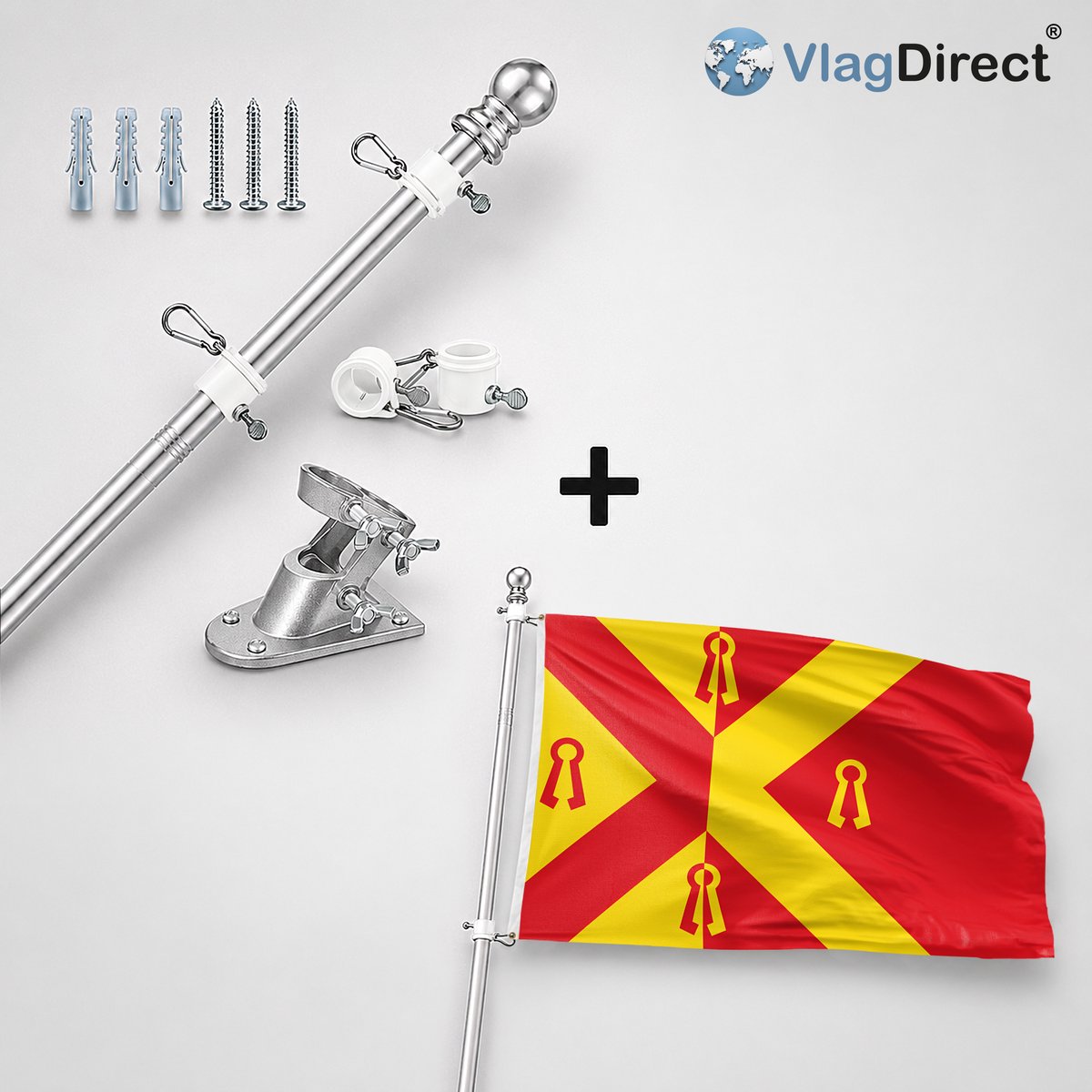 VlagDirect - Compleet vlaggenpakket - Zilveren vlaggenstok inclusief vlaggenstokhouder + Gennep vlag - Gemeente Gennep vlag - 90 x 150 cm.
