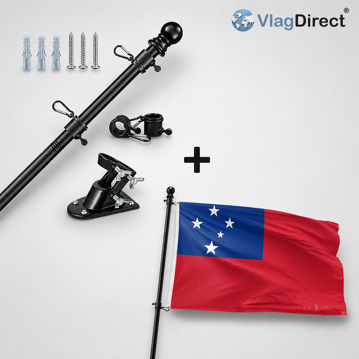 VlagDirect - Compleet vlaggenpakket - Zwarte vlaggenstok inclusief vlaggenstokhouder + Samoaanse vlag - Samoa vlag - 90 x 150 cm