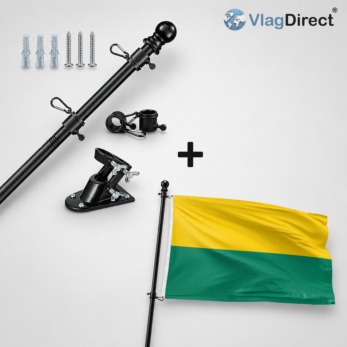 VlagDirect - Compleet vlaggenpakket - Zwarte vlaggenstok inclusief vlaggenstokhouder + Haagse vlag - Den Haag vlag - 150 x 225 cm - XL vlag.
