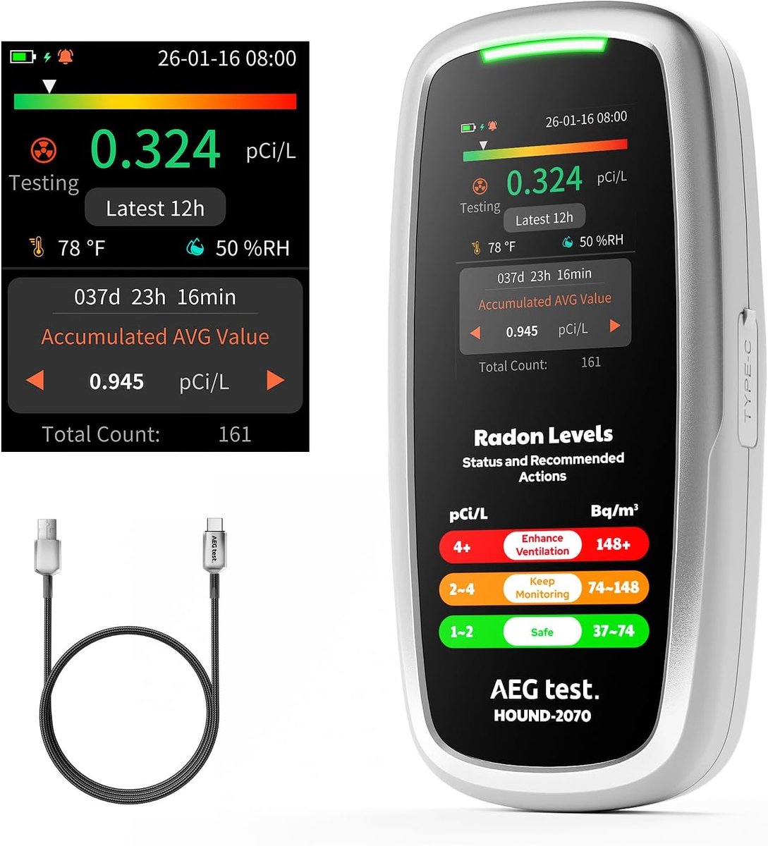 HOUND-2070 Home Radon Meter with Temperature Humidity Display, 504 Days Data Storage, Rechargeable 3-in-1 Portable - ShopVlot