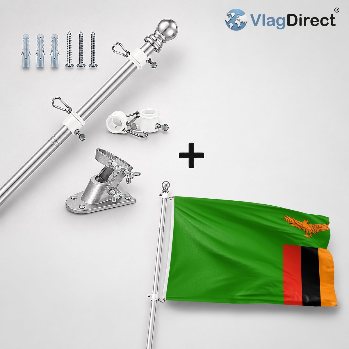 VlagDirect - Compleet vlaggenpakket - Zilveren vlaggenstok inclusief vlaggenstokhouder + Zambiaanse vlag - Zambia vlag - 90 x 150 cm