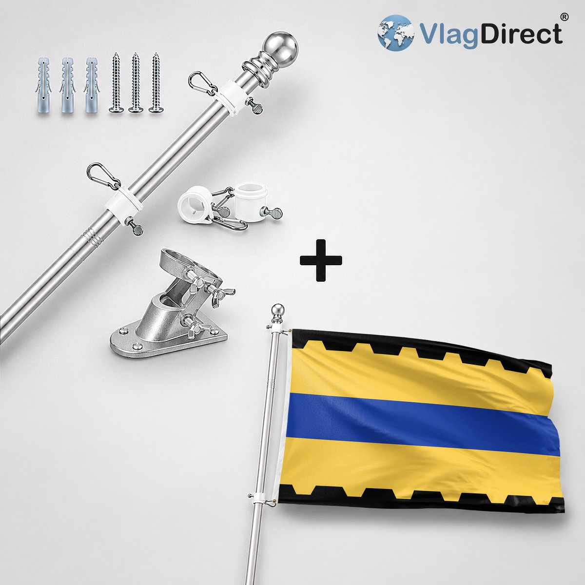 VlagDirect - Compleet vlaggenpakket - Zilveren vlaggenstok inclusief vlaggenstokhouder + Veenendaal vlag - Gemeente Veenendaal vlag - 90 x 150 cm.