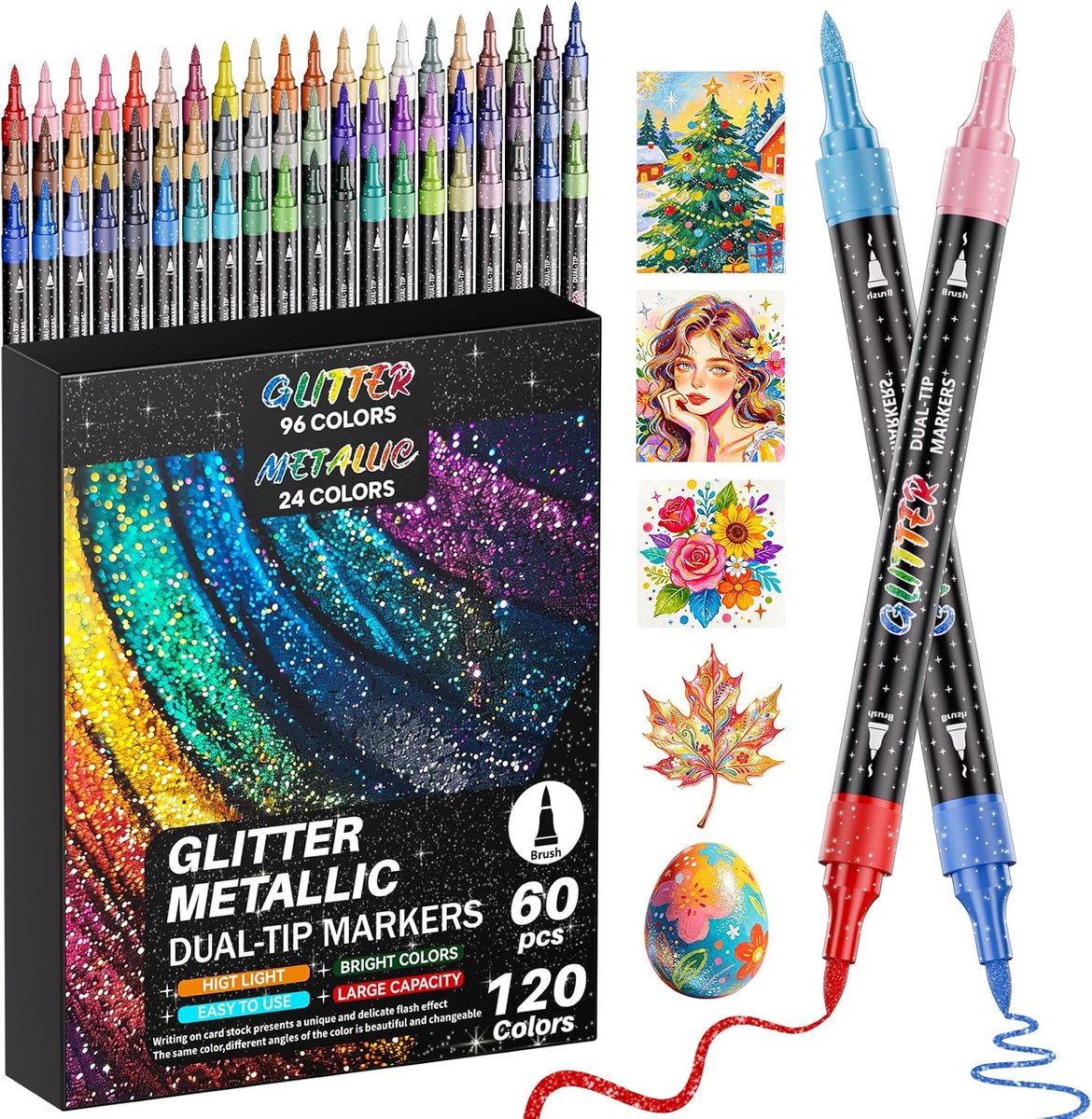 Sanyetral 120 Colors 60PCS Glitzerstifte Set,Doppelspitzen Glitzer Marker - ShopVlot