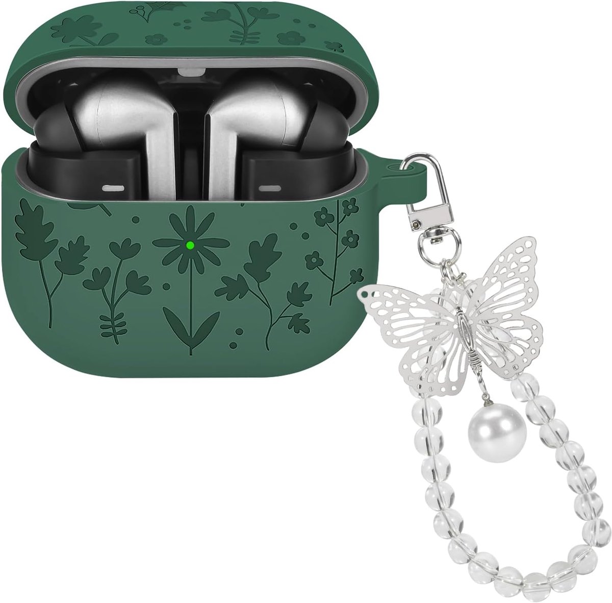 Compatible with Samsung Galaxy Buds 3/3 Pro Butterfly Keychain Protective Case with Engraved Floral Pattern for Women - ShopVlot