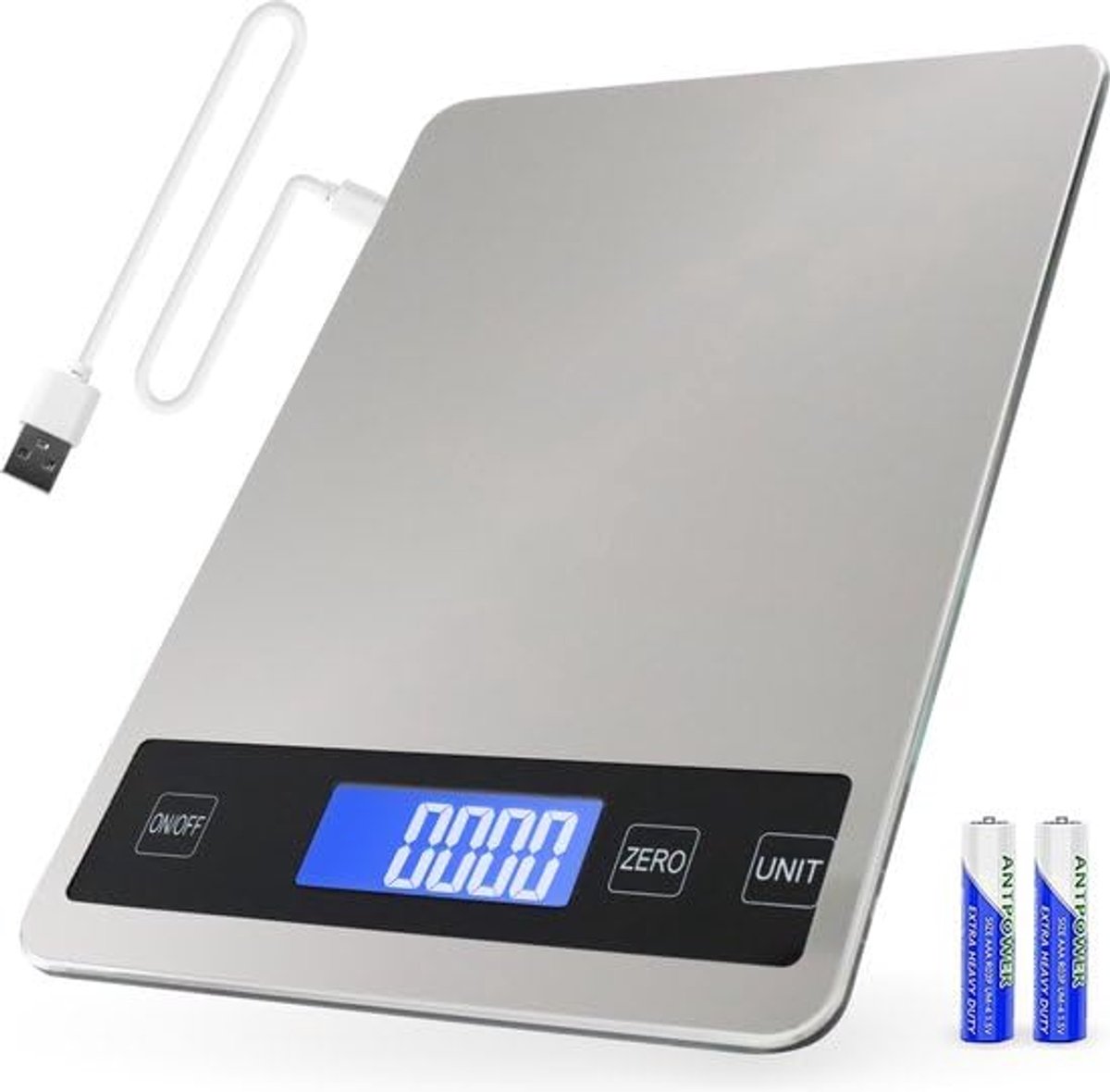 Digital Kitchen Scale, USB Rechargeable, 1g-10kg Precision, LCD Display, Glass (Chrome) - ShopVlot