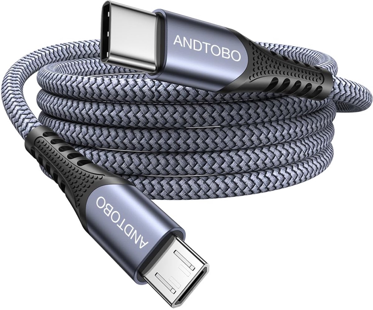 ANDTOBO USB-C naar Micro USB 2.0 kabel [2M] 480 Mbit/s gegevensoverdracht, 3A/15W laadvermogen met nylon gevlochten - ShopVlot