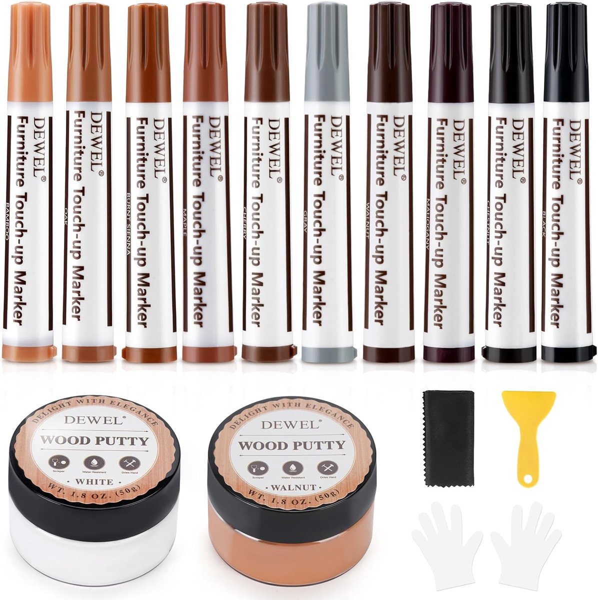 DEWEL Laminate Repair Kit, 10 Coloured Wood Pens, 50 g Wood Filler in White and Walnut Colours, for Covering and - ShopVlot