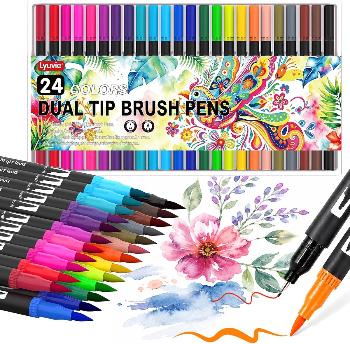 Lyuvie 24 Kleuren viltstiften met dubbele punt, Brush Pen Lettering Set volwassenen, wateroplosbare markers met 2 mm - ShopVlot