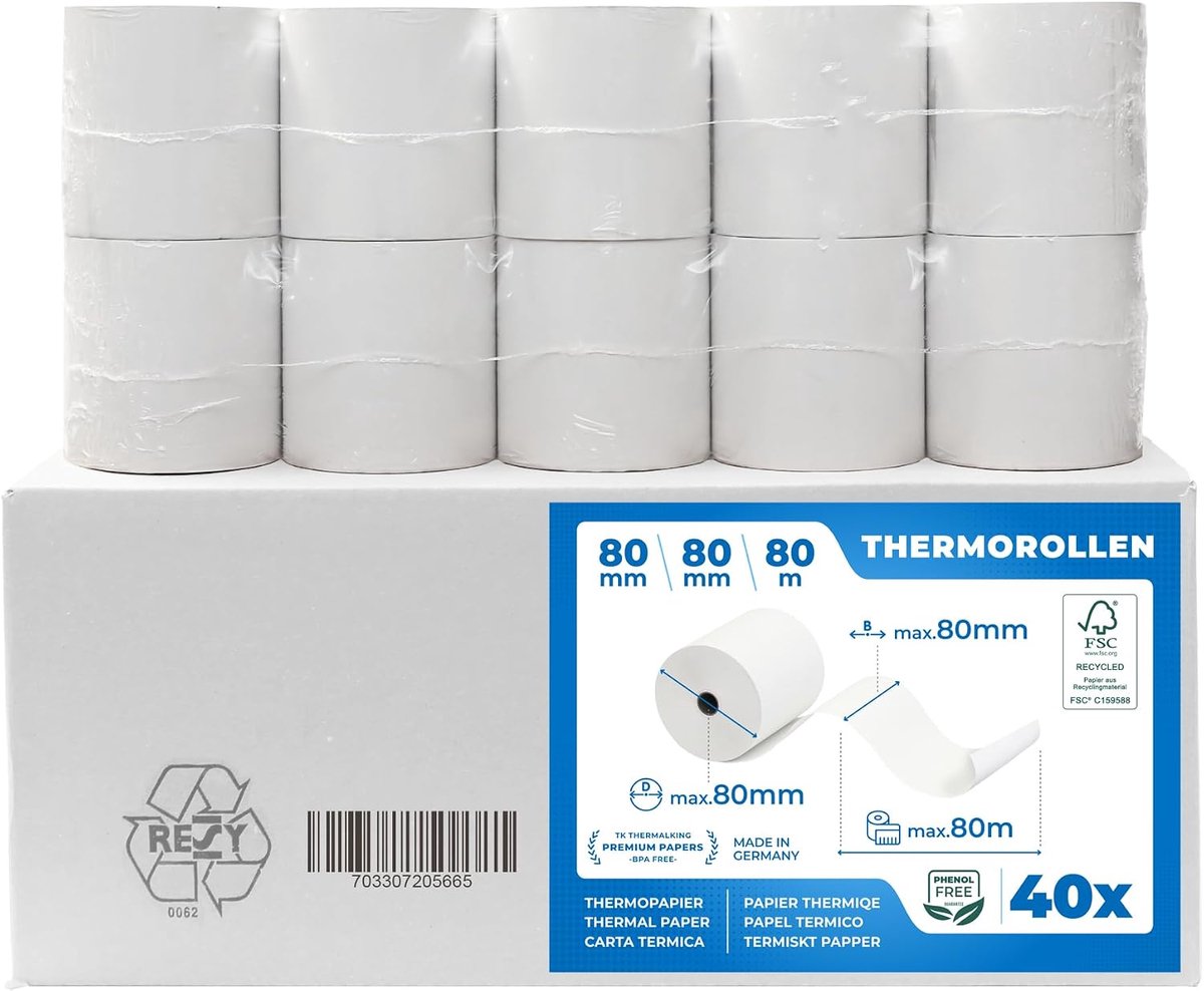 Premium thermal rolls 80mm x 80mm x 12mm, thermal paper, receipt rolls (80 80 12), certified for cash register - ShopVlot