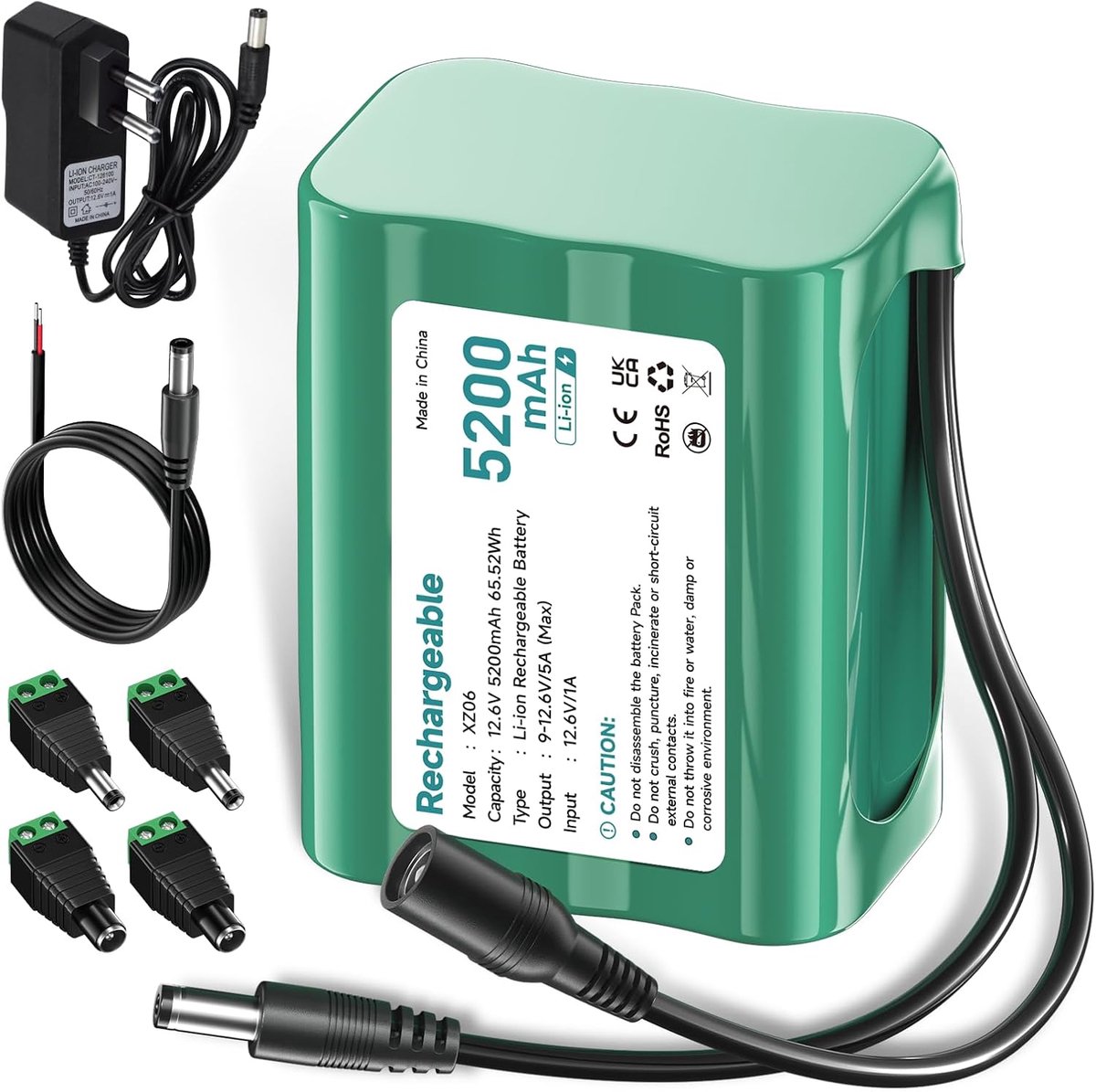12.6V Lithium-ion Battery 5200 mAh, Small 12V Battery with Charger and Connector Adapter and Connecting Line for - ShopVlot