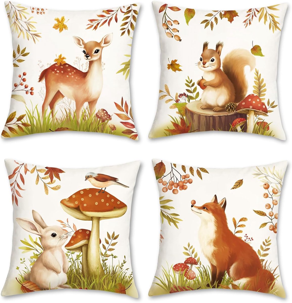 Autumn Animals Cushion Covers Mushrooms Deer Squirrel Rabbit Fox Velvet Soft Decorative Pillowcases for Sofa Bed Home - ShopVlot