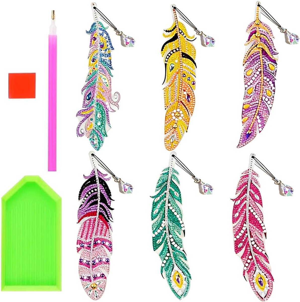 5D Diamant Schilderij Bladwijzer Veer, 6 Stuks Gepersonaliseerde Bladwijzers Kits voor Kinderen, Art Feather - ShopVlot