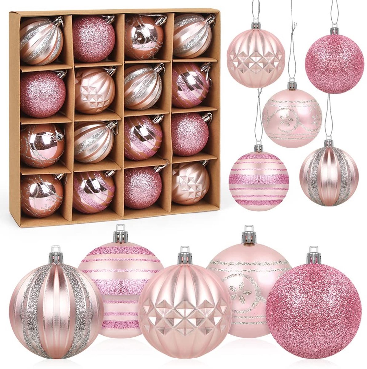 Solidchoice - Set van 16 Roze Kerstballen voor Boomdecoratie