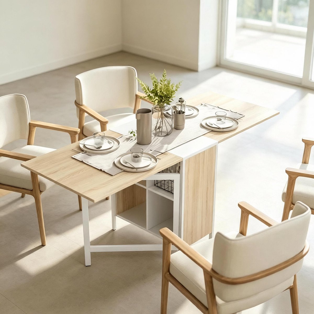 DESMIU Eettafel - Uitschuifbaar En Opklapbaar Met Opbergvakken - Voor Keuken En Woonkamer - MDF En Staal - Wit En Licht Eiken - 170x60x75 Cm