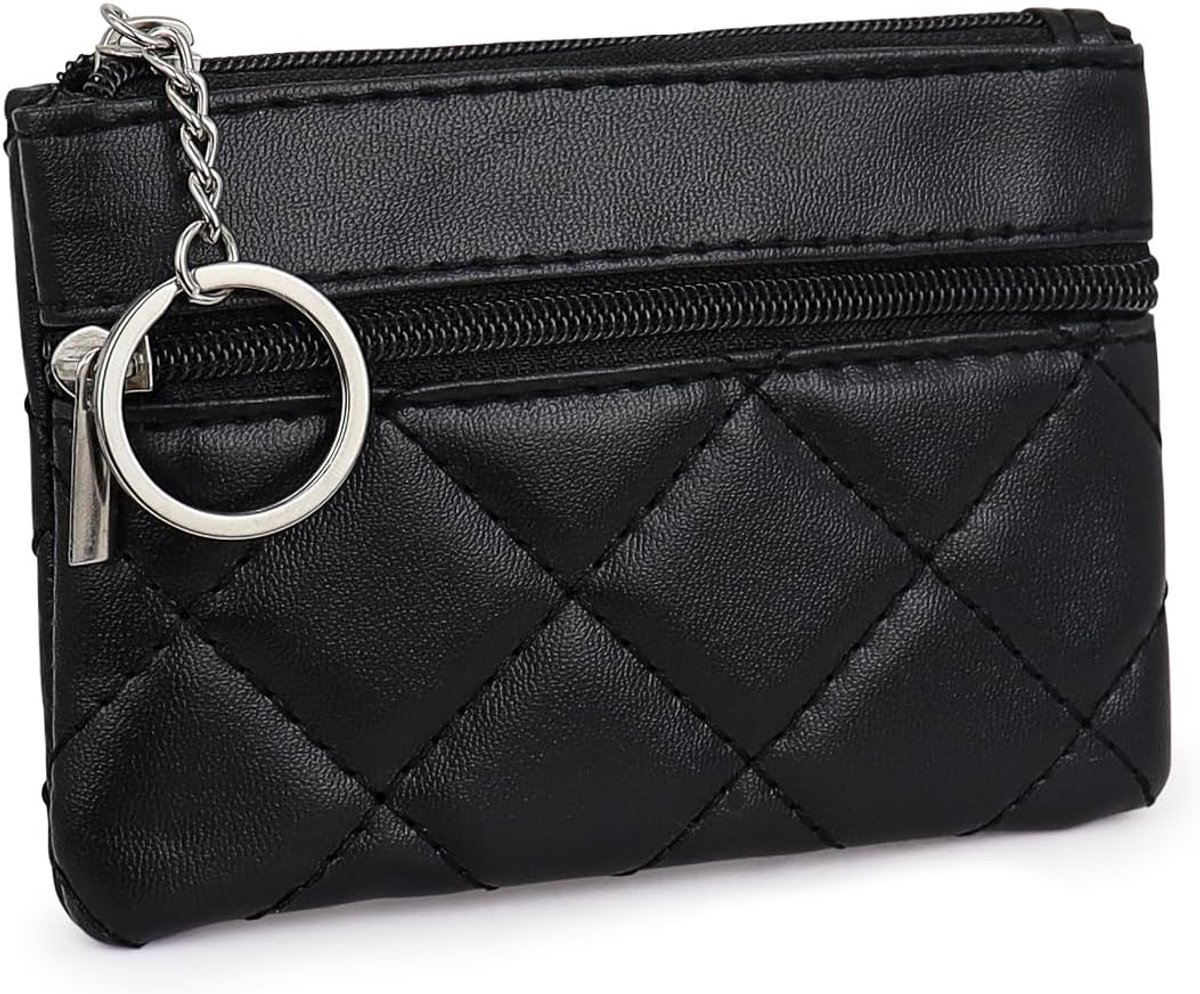 Small Wallet, Rhombus PU Leather Coin Pouch Change Mini Wallet with 2 Zipper Pockets and Keychain, Portable Wallet - ShopVlot
