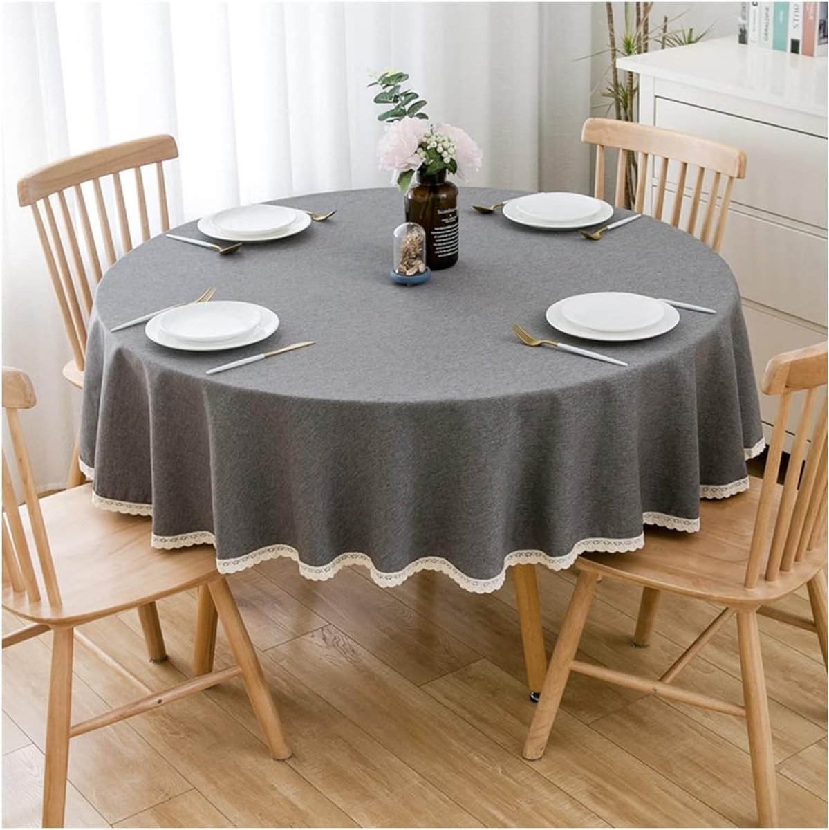 Ronde tafelkleed van katoen en linnen voor eet- en balkon tafels, wasbaar, donkergrijs, diameter 260 cm, ideaal voor feesten en dagelijks gebruik