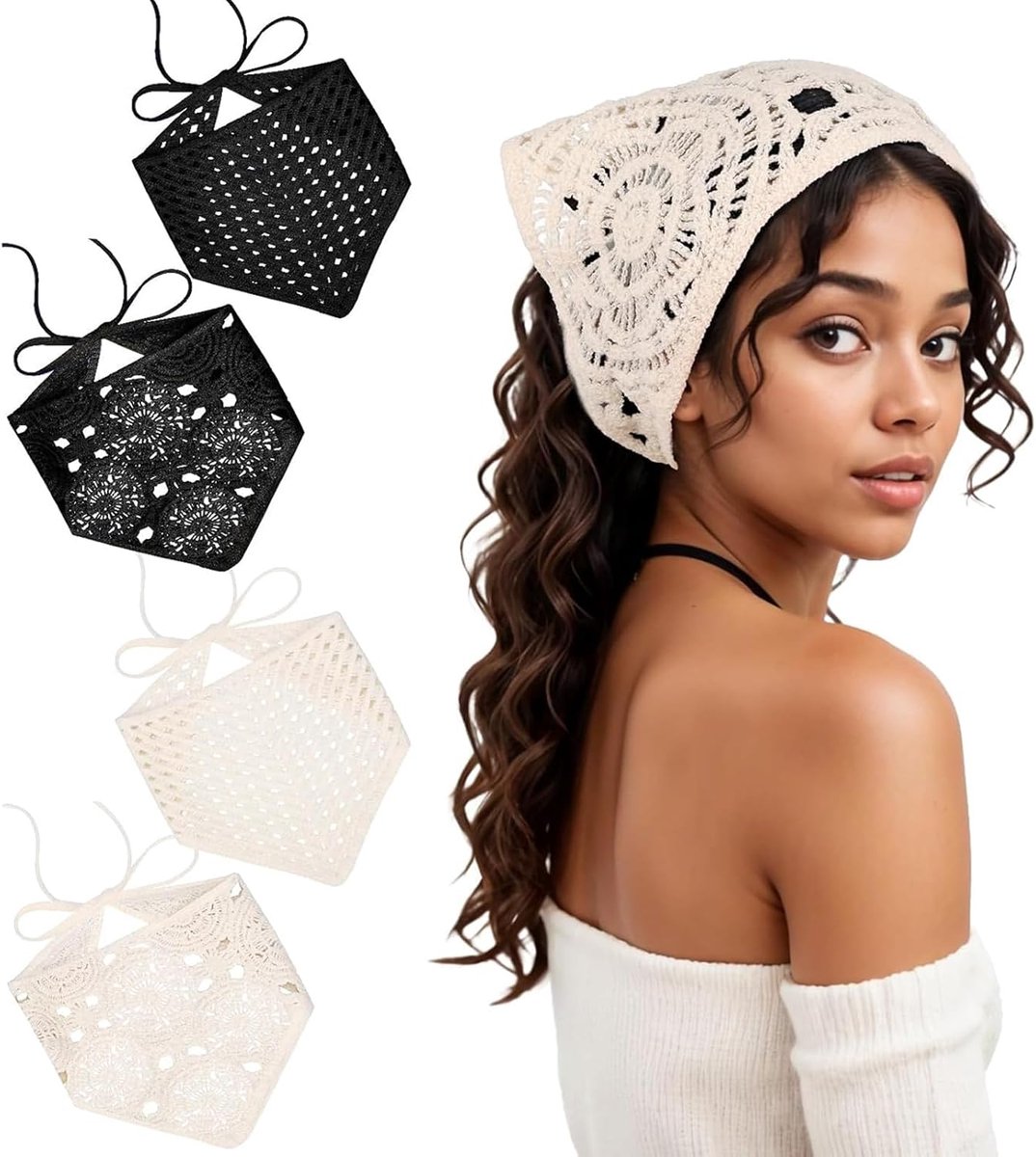 Pack of 4 Crochet Neckerchiefs - Women's Headscarf, Hair Band with Hairpin - ShopVlot