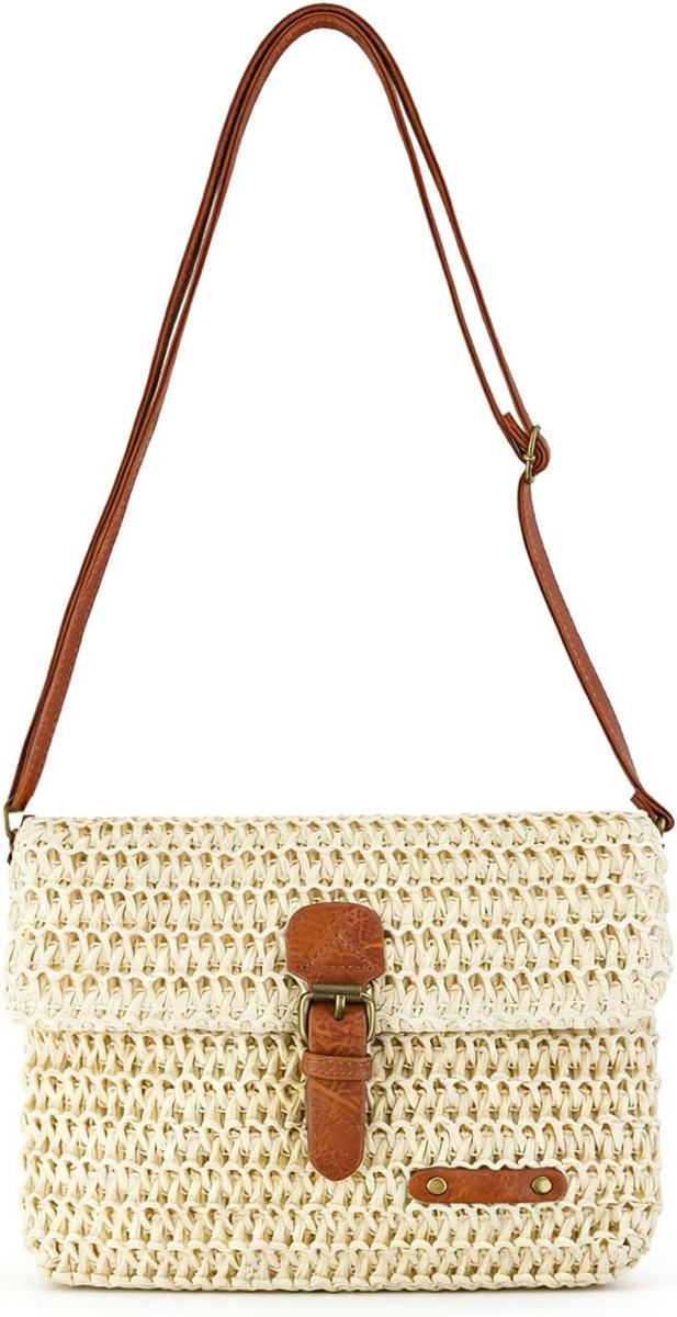 Stro-schoudertas voor dames, lichte crossbody tas met verstelbare leren riem, vintage tas met gesp voor zomer - ShopVlot