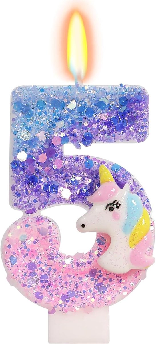 Koboko Unicorn Birthday Cake Candle Number 5, Rainbow Glitter Design in Blue Purple Pink, Cake Decoration for 5th - ShopVlot