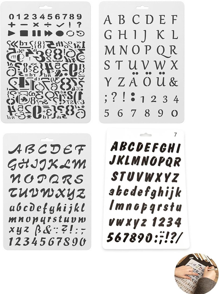Set van 4 lettersjablonen van hard plastic voor schilderen en kalligrafie, schone afwerking zonder bramen - ShopVlot